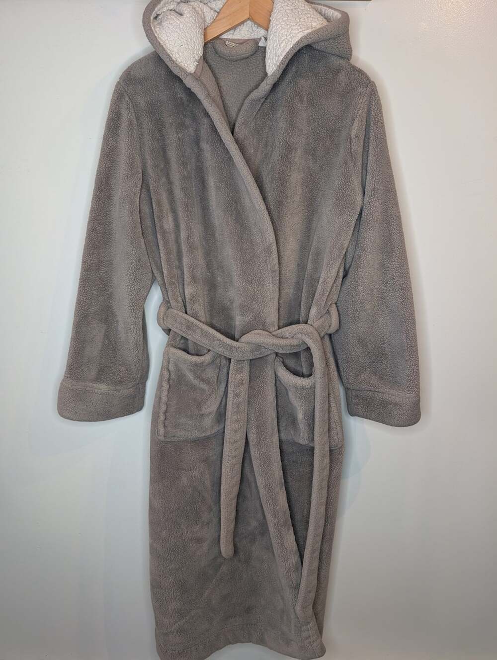 LL Bean Mens Gray Hooded Fleece Robe Sherpa Lined Hood Plush Bathrobe Size Small